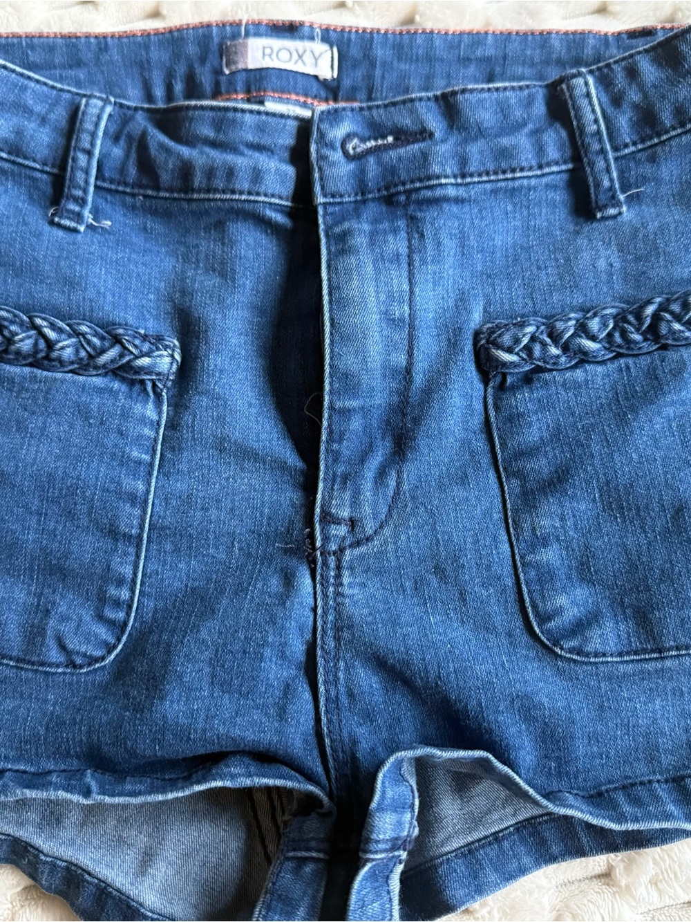 Roxy Dark Blue Denim Jean Shorts with Braided Pocket Detail